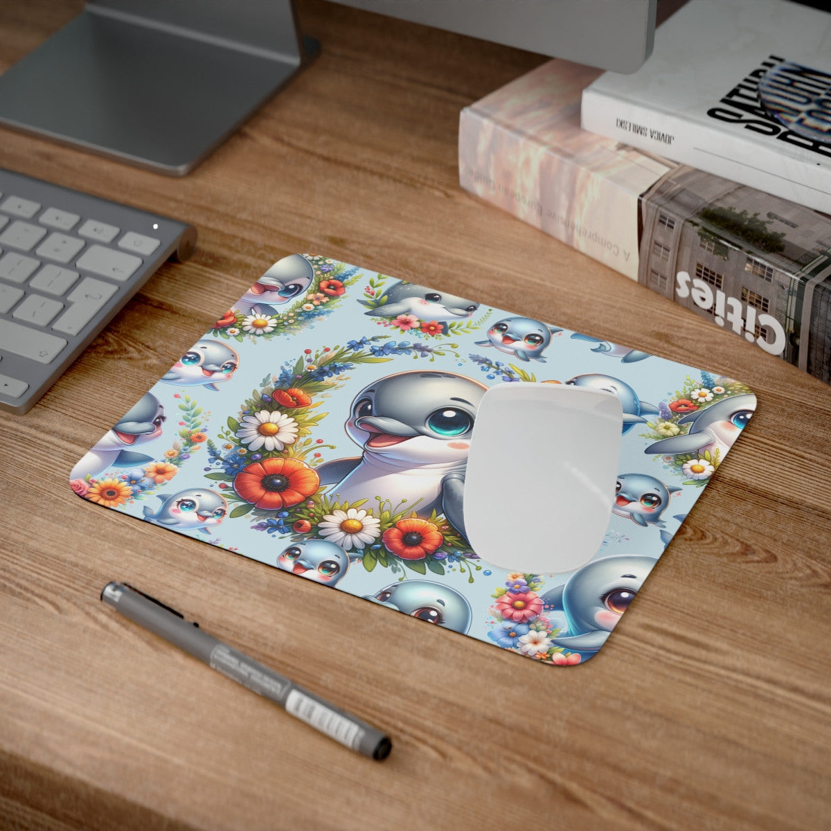 Tapis de Souris Dauphin Mignon Design Kawaii avec Bébé Dauphins et Fleurs