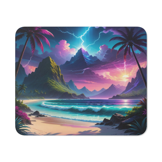 Tapis de Souris Paysage Tropical Fantastique – Plage, Palmiers, Montagnes et Orage – Design Coloré Surréaliste