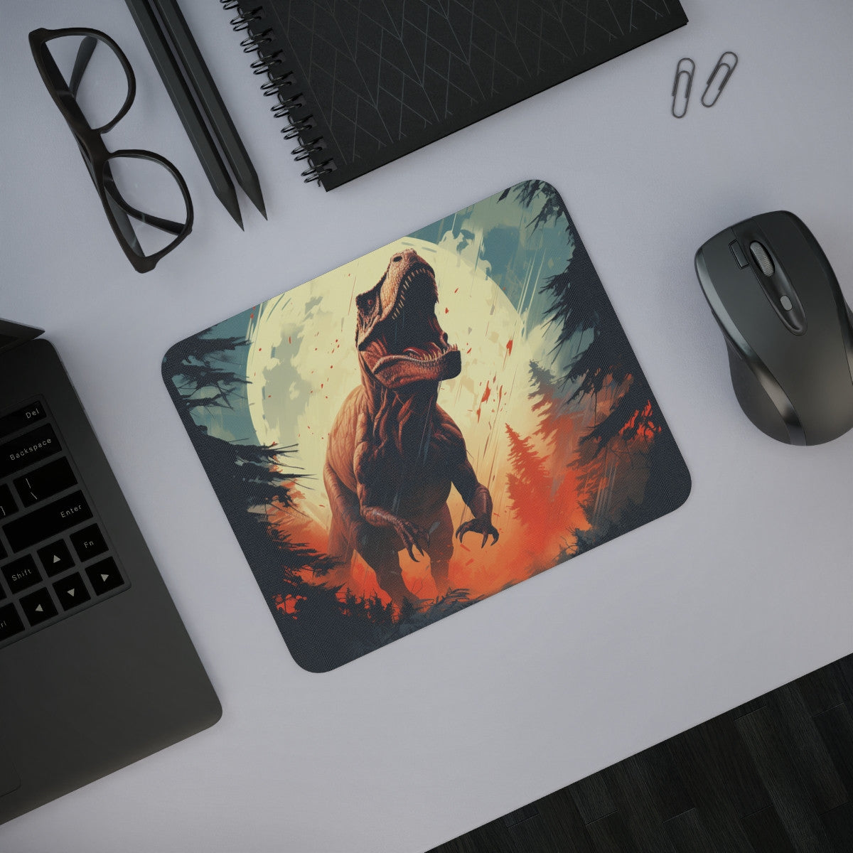 Tapis de Souris T-Rex Jurassic Dinosaure Tyrannosaure en Forêt sous Pleine Lune