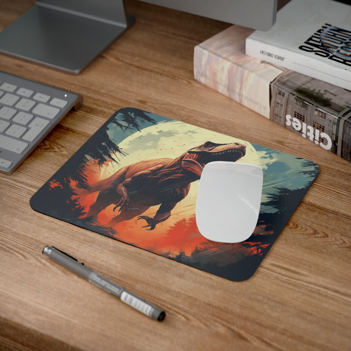 Tapis de Souris T-Rex Jurassic Dinosaure Tyrannosaure en Forêt sous Pleine Lune