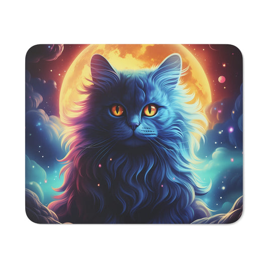 Tapis de Souris Chat Galactique Mystique – Chat Bleu aux Yeux Dorés sous Pleine Lune