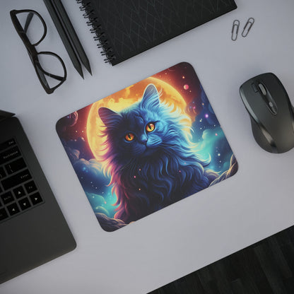 Tapis de Souris Chat Galactique Mystique – Chat Bleu aux Yeux Dorés sous Pleine Lune