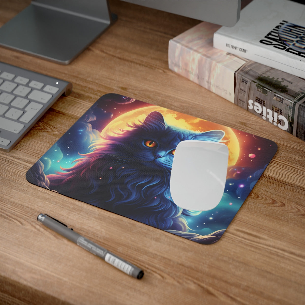 Tapis de Souris Chat Galactique Mystique – Chat Bleu aux Yeux Dorés sous Pleine Lune