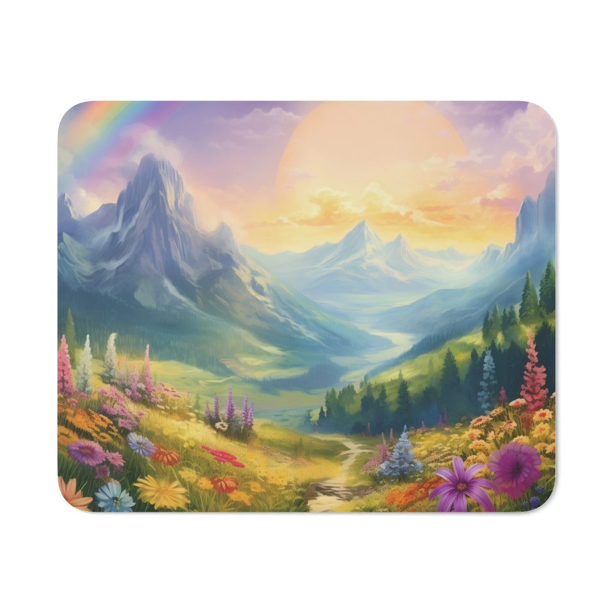 Tapis de Souris Paysage Montagne Fleurie Scène de Nature avec Arc-en-Ciel et Champs de Fleurs