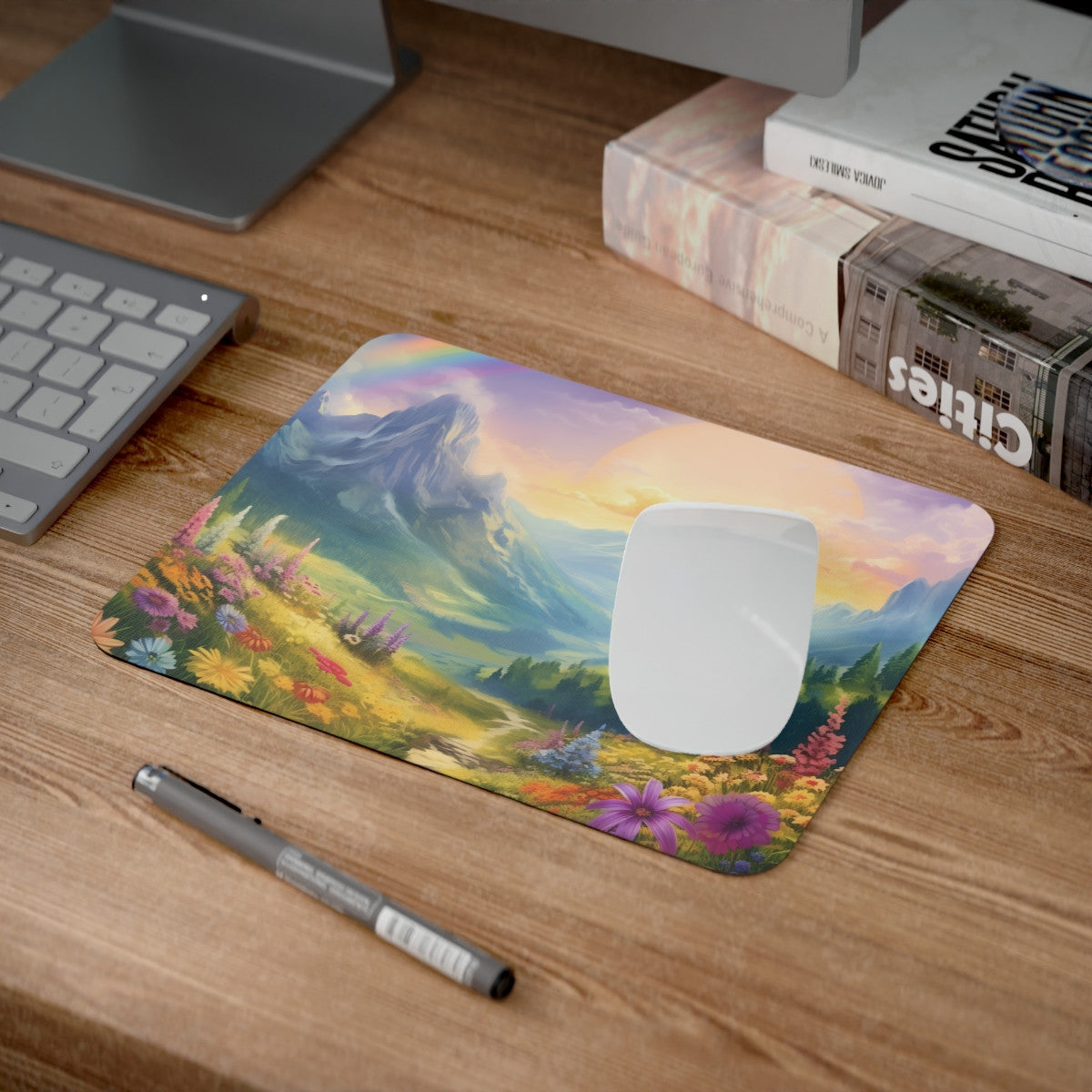 Tapis de Souris Paysage Montagne Fleurie Scène de Nature avec Arc-en-Ciel et Champs de Fleurs