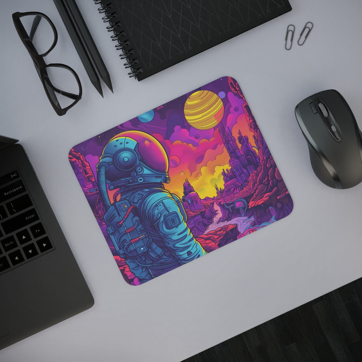 Tapis de Souris Astronaute Néon – Illustration Futuriste Colorée dans l’Espace