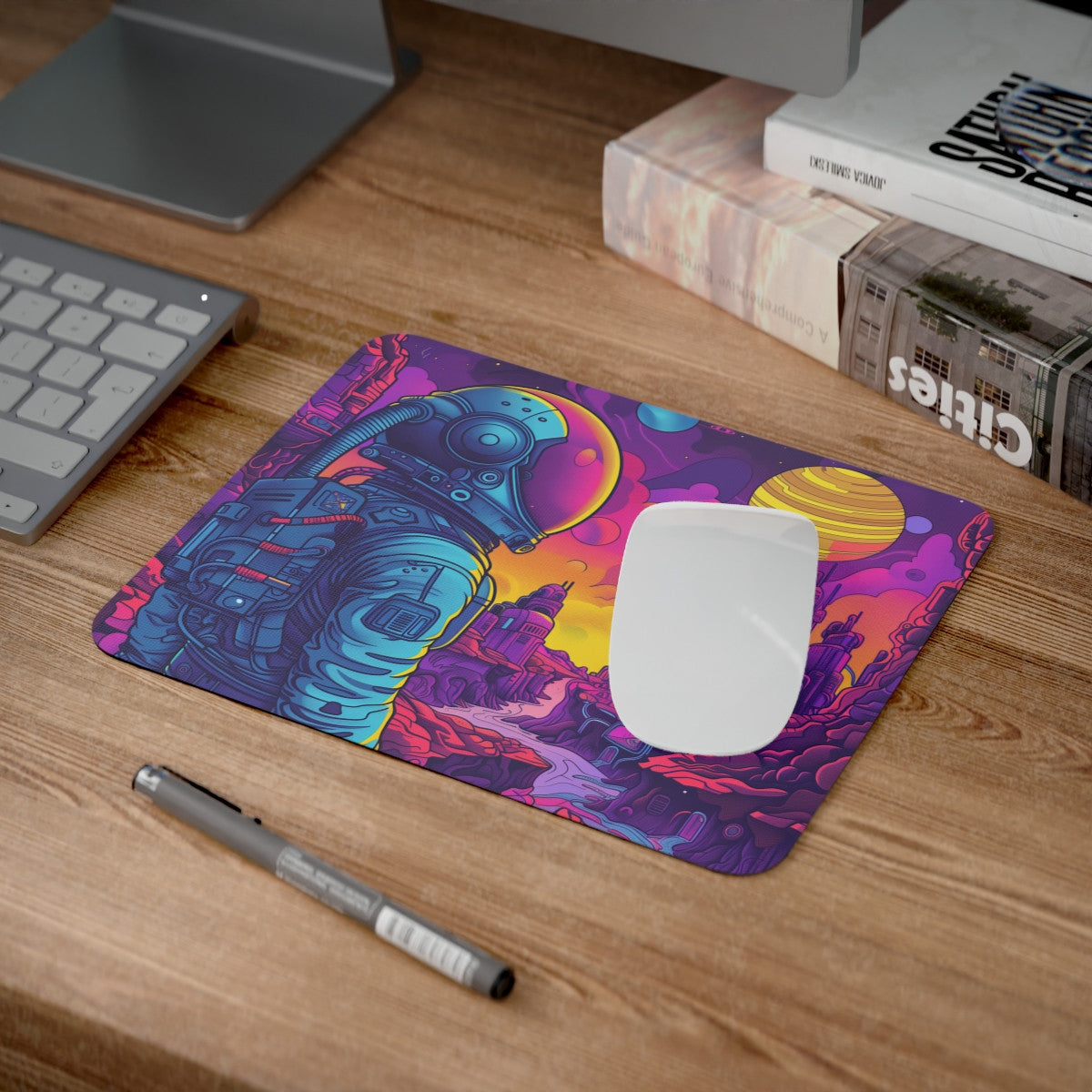 Tapis de Souris Astronaute Néon – Illustration Futuriste Colorée dans l’Espace