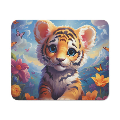 Tapis de Souris Bébé Tigre Mignon  Illustration Fantastique avec Fleurs et Papillons