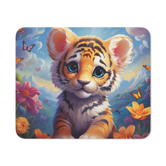 Tapis de Souris Bébé Tigre Mignon  Illustration Fantastique avec Fleurs et Papillons