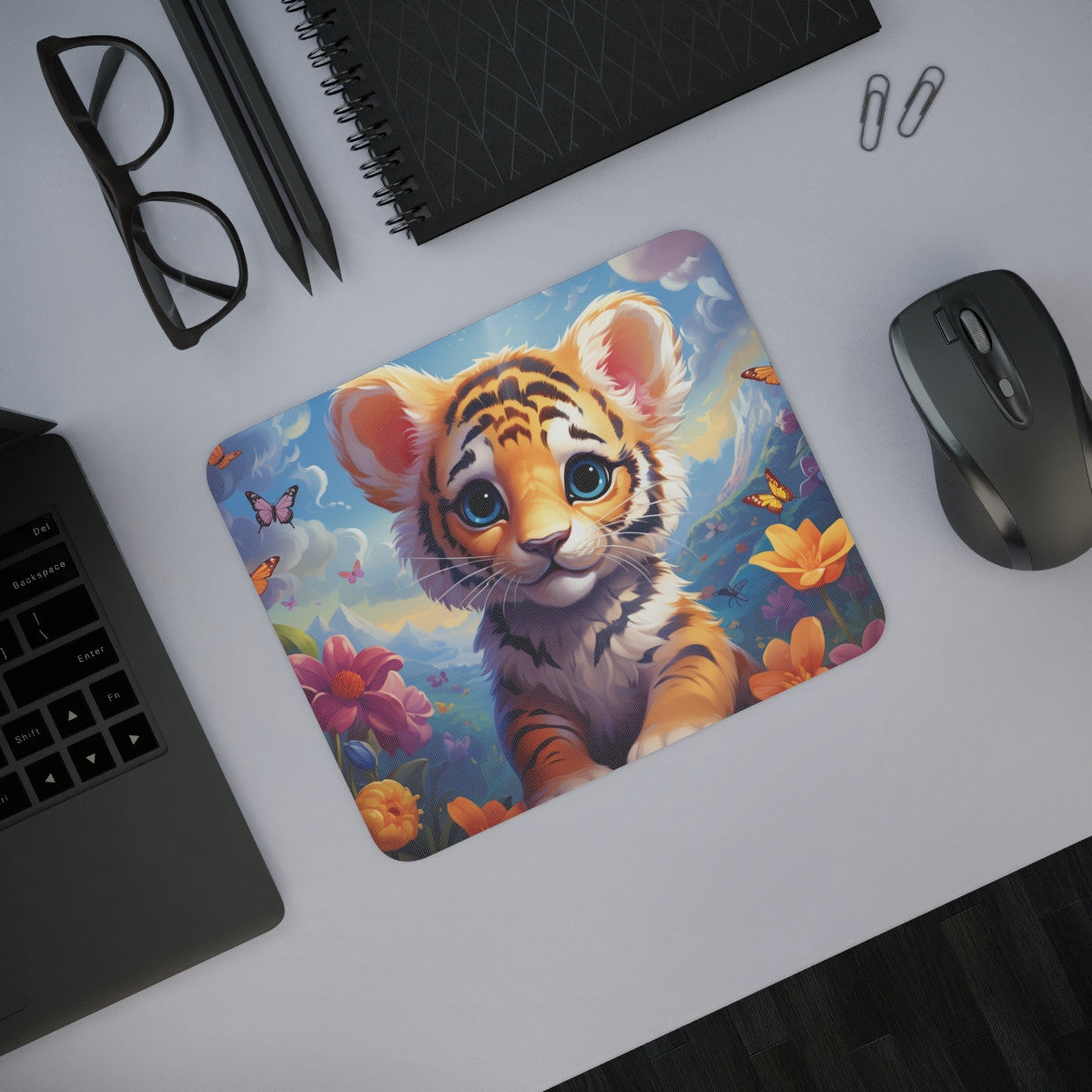 Tapis de Souris Bébé Tigre Mignon  Illustration Fantastique avec Fleurs et Papillons