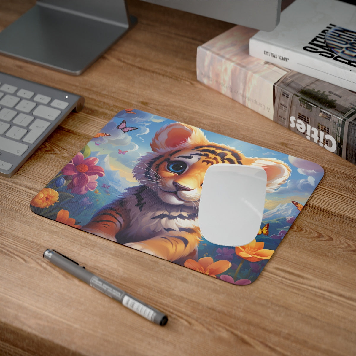 Tapis de Souris Bébé Tigre Mignon  Illustration Fantastique avec Fleurs et Papillons