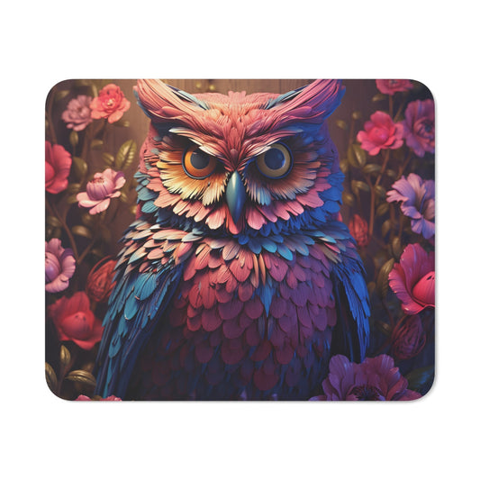 Tapis de Souris Chouette Colorée Hibou Artistique aux Plumes Multicolores et Fleurs