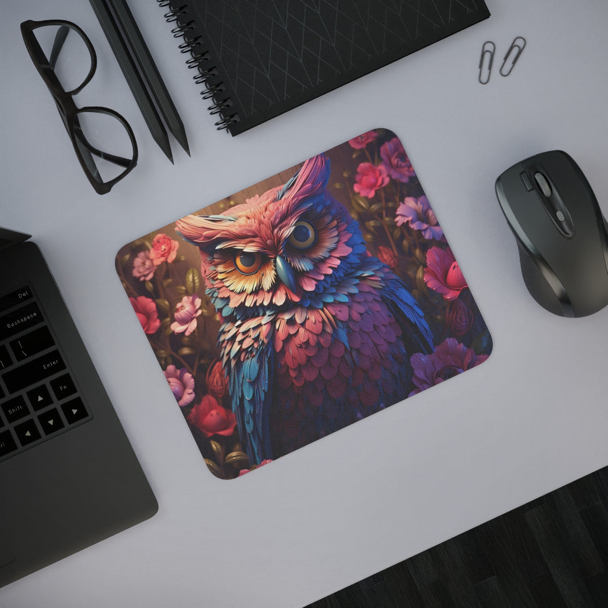 Tapis de Souris Chouette Colorée Hibou Artistique aux Plumes Multicolores et Fleurs