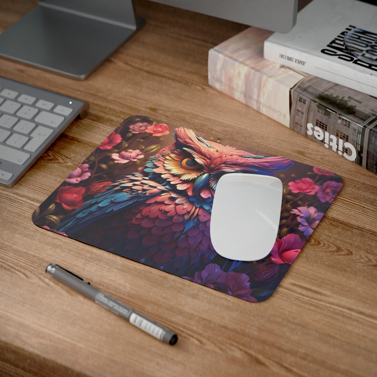 Tapis de Souris Chouette Colorée Hibou Artistique aux Plumes Multicolores et Fleurs