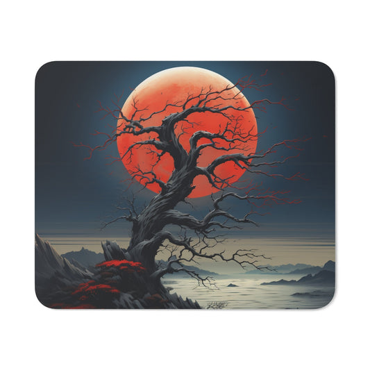 Tapis de Souris Lune Rouge et Arbre Tordu Illustration Nocturne Fantastique  Ambiance Sombre