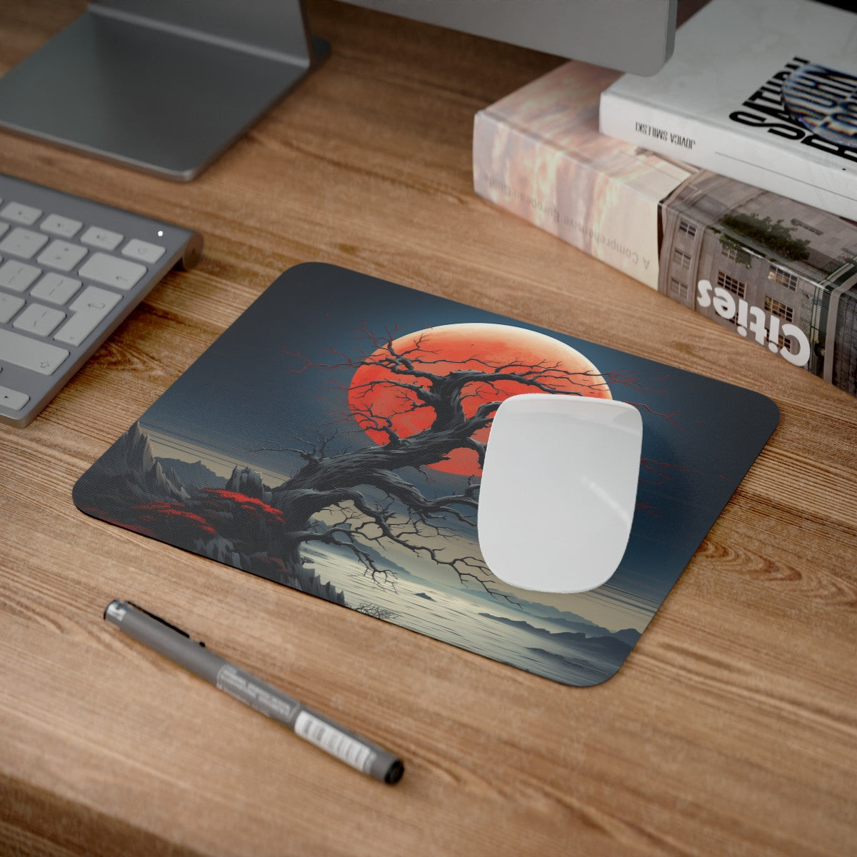 Tapis de Souris Lune Rouge et Arbre Tordu Illustration Nocturne Fantastique  Ambiance Sombre