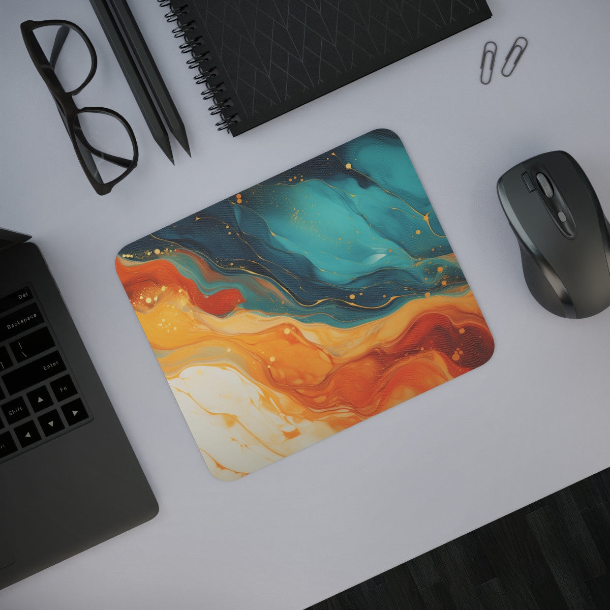 Tapis de Souris Abstrait Bleu et Orange Design Artistique Fluide et Coloré Accessoire Élégant pour Bureau, Gamer, Cadeau Déco