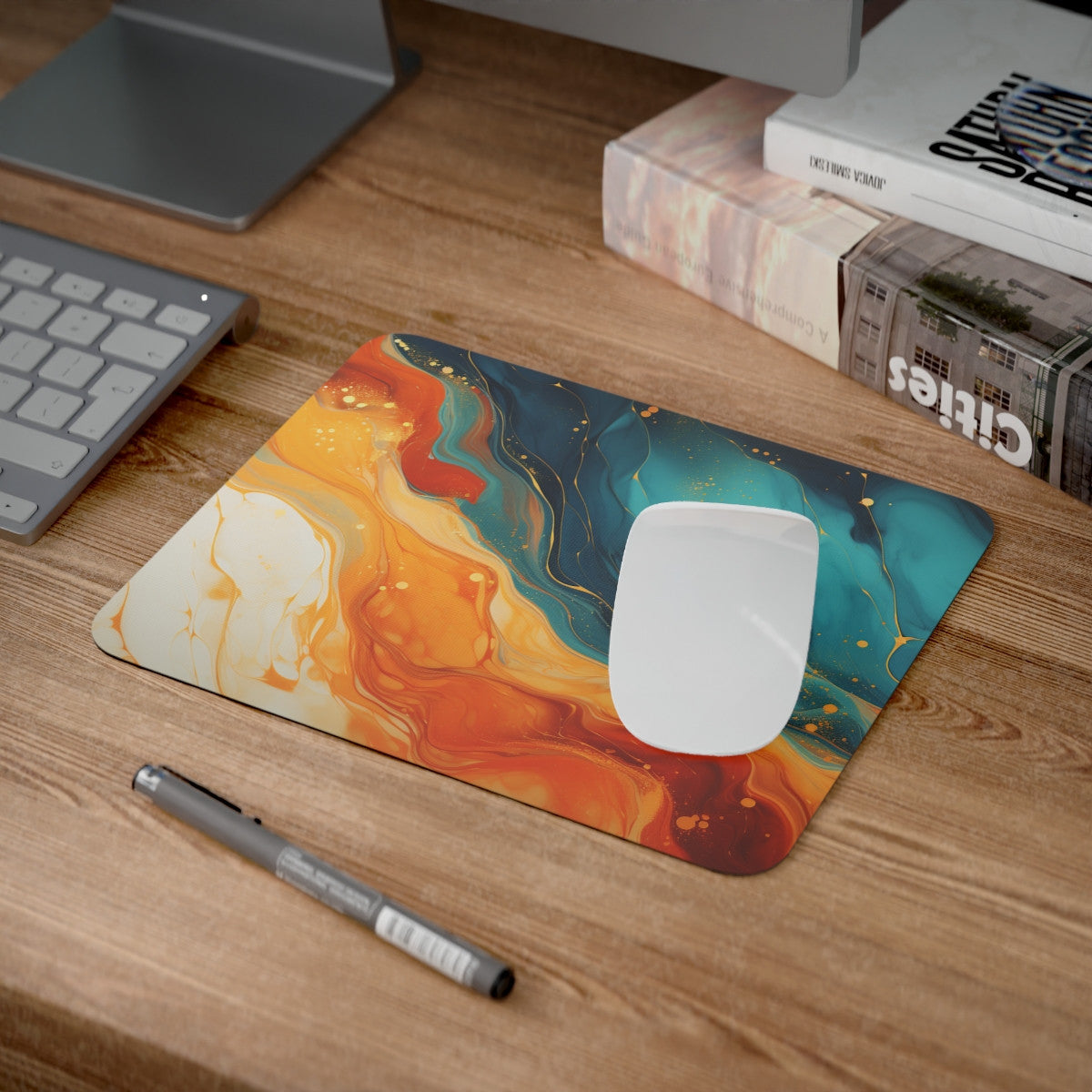 Tapis de Souris Abstrait Bleu et Orange Design Artistique Fluide et Coloré Accessoire Élégant pour Bureau, Gamer, Cadeau Déco