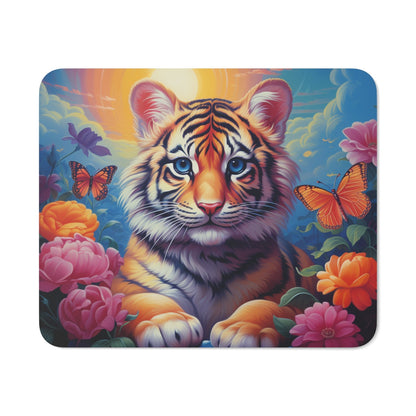 Tapis de Souris Tigre Mignon et Coloré  Petit Tigre Fleur Papillon Illustration Fantaisie pour Bureau, Gamer, Enfants ou Cadeau