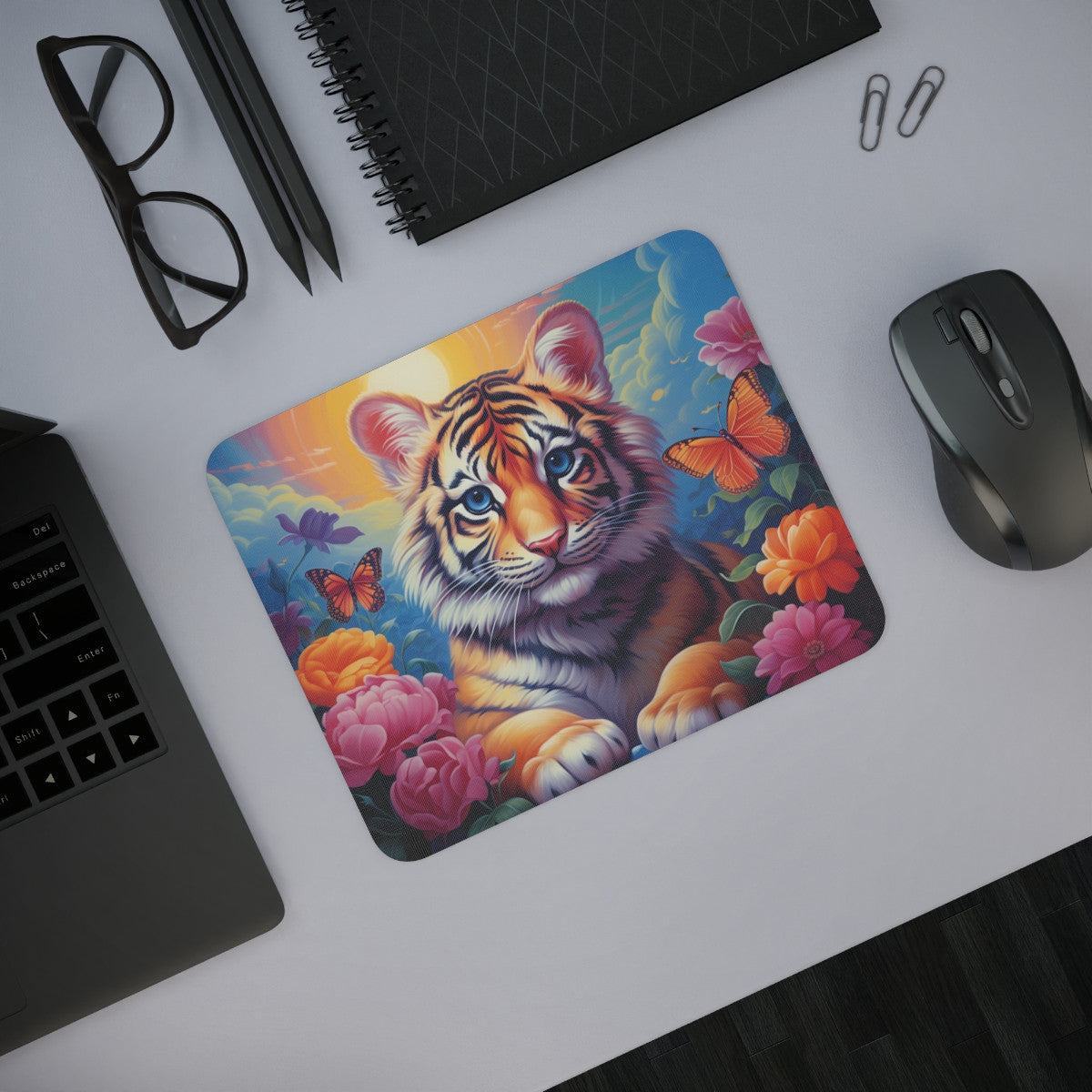 Tapis de Souris Tigre Mignon et Coloré  Petit Tigre Fleur Papillon Illustration Fantaisie pour Bureau, Gamer, Enfants ou Cadeau