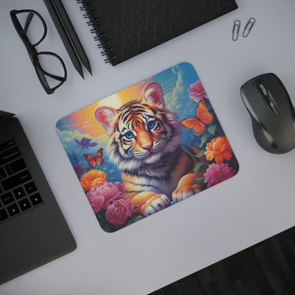 Tapis de Souris Tigre Mignon et Coloré  Petit Tigre Fleur Papillon Illustration Fantaisie pour Bureau, Gamer, Enfants ou Cadeau