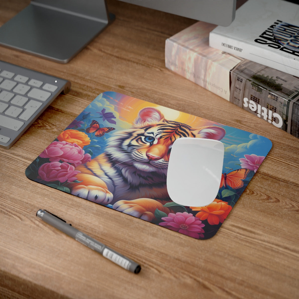 Tapis de Souris Tigre Mignon et Coloré  Petit Tigre Fleur Papillon Illustration Fantaisie pour Bureau, Gamer, Enfants ou Cadeau