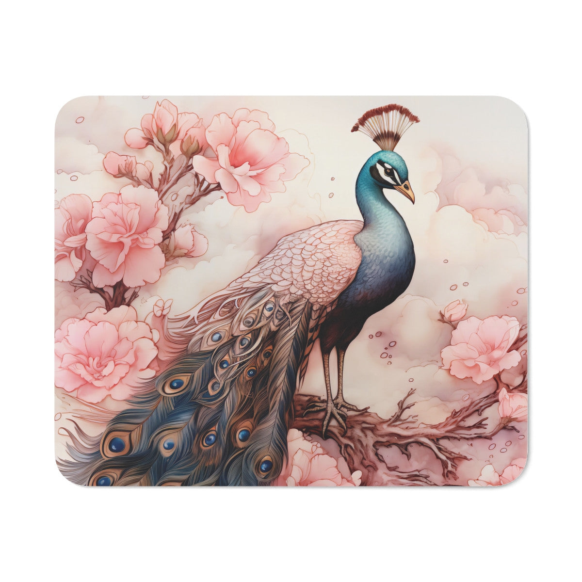 Tapis de Souris Paon Élégant – Art Floral Raffiné avec Paon Majestueux et Fleurs Roses