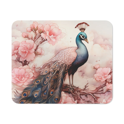 Tapis de Souris Paon Élégant – Art Floral Raffiné avec Paon Majestueux et Fleurs Roses