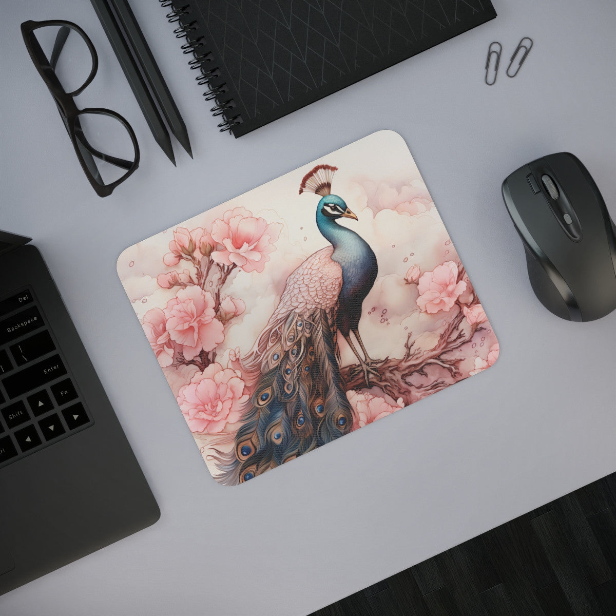 Tapis de Souris Paon Élégant – Art Floral Raffiné avec Paon Majestueux et Fleurs Roses