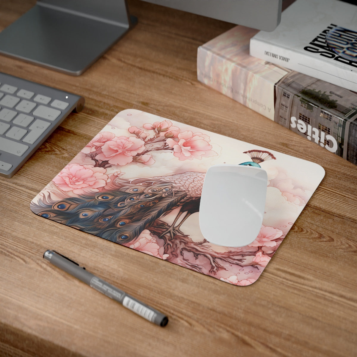 Tapis de Souris Paon Élégant – Art Floral Raffiné avec Paon Majestueux et Fleurs Roses