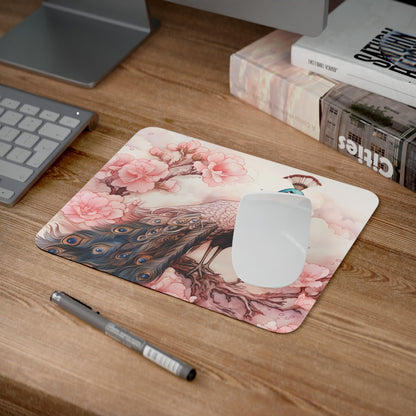Tapis de Souris Paon Élégant – Art Floral Raffiné avec Paon Majestueux et Fleurs Roses