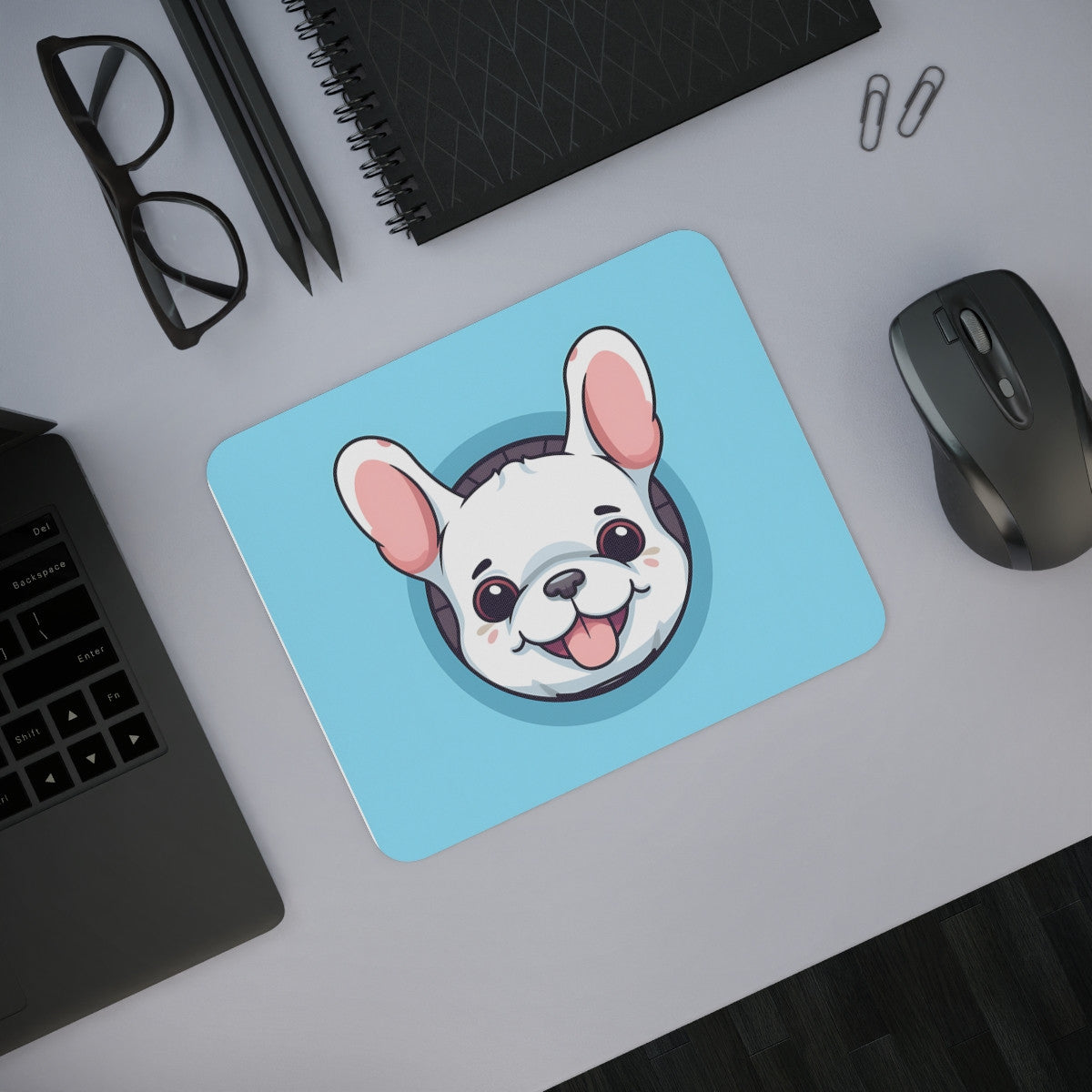 Tapis de Souris Chien Cartoon Mignon Bouledogue Blanc Rigolo Style Kawaii Accessoire Bureau Fun, Gamer ou Cadeau Original