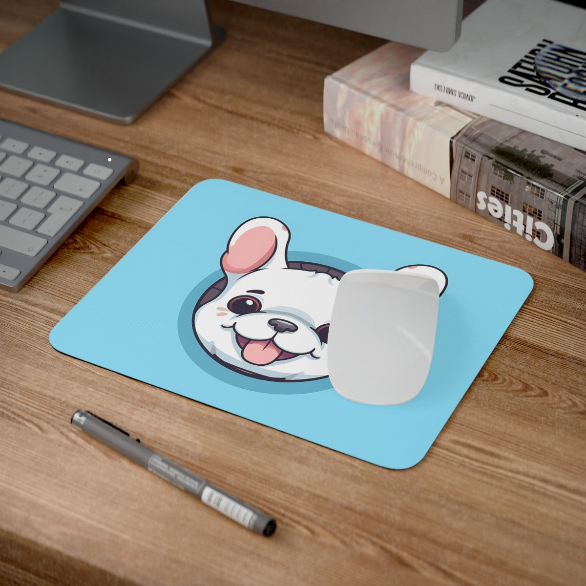 Tapis de Souris Chien Cartoon Mignon Bouledogue Blanc Rigolo Style Kawaii Accessoire Bureau Fun, Gamer ou Cadeau Original