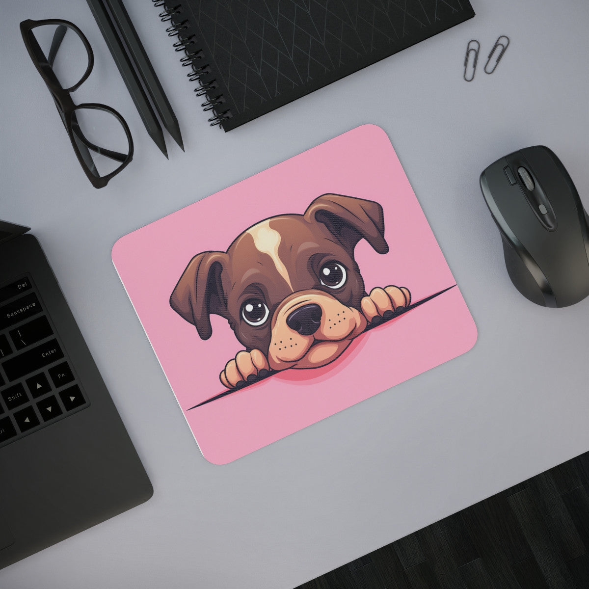 Tapis de Souris Chiot Mignon – Dessin Cartoon de Petit Chien Brun sur Fond Rose Accessoire Bureau Kawaii, Gamer ou Cadeau