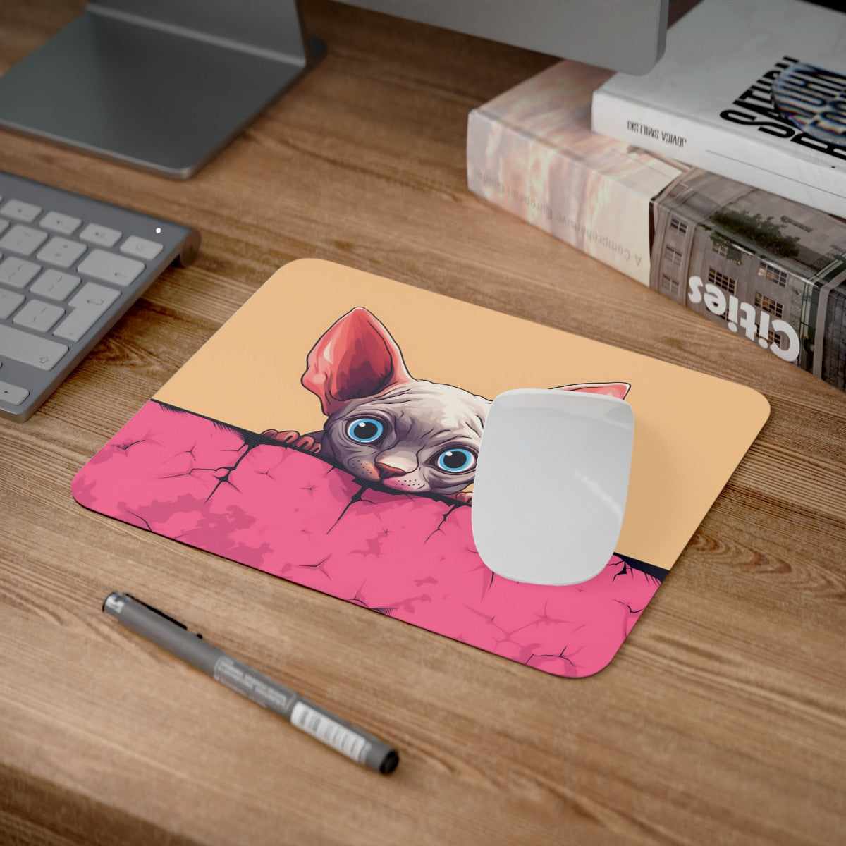 Tapis de Souris Chat Sphynx Mignon – Chaton Sans Poils au Regard Curieux sur Canapé Rose – Accessoire Bureau Kawaii & Original