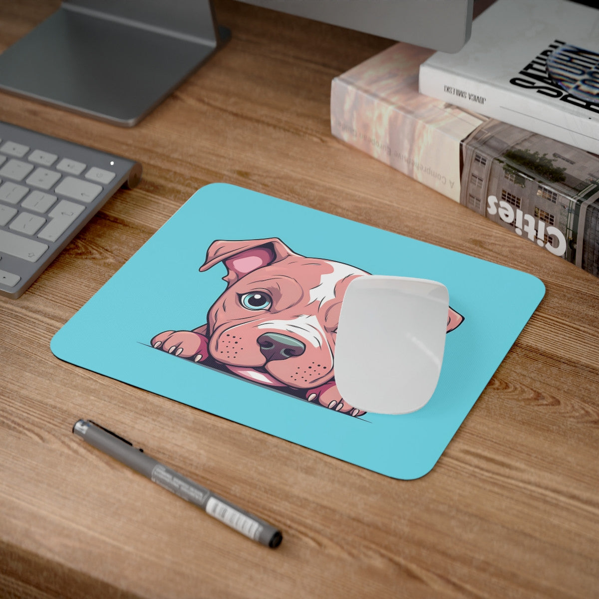 Tapis de Souris Chiot Mignon Bébé Chien Regard Touchant sur Fond Bleu Pastel Accessoire Bureau Kawaii, Gamer ou Cadeau