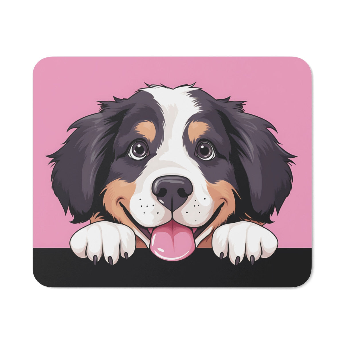 Tapis de Souris Chien Mignon – Tête de Chiot Noir & Blanc Style Cartoon sur Fond Rose