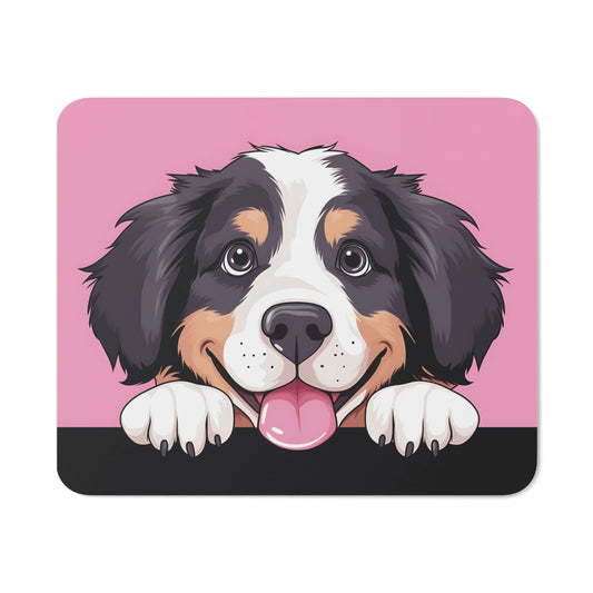 Tapis de Souris Chien Mignon – Tête de Chiot Noir & Blanc Style Cartoon sur Fond Rose