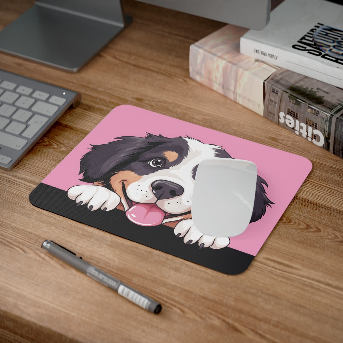 Tapis de Souris Chien Mignon – Tête de Chiot Noir & Blanc Style Cartoon sur Fond Rose