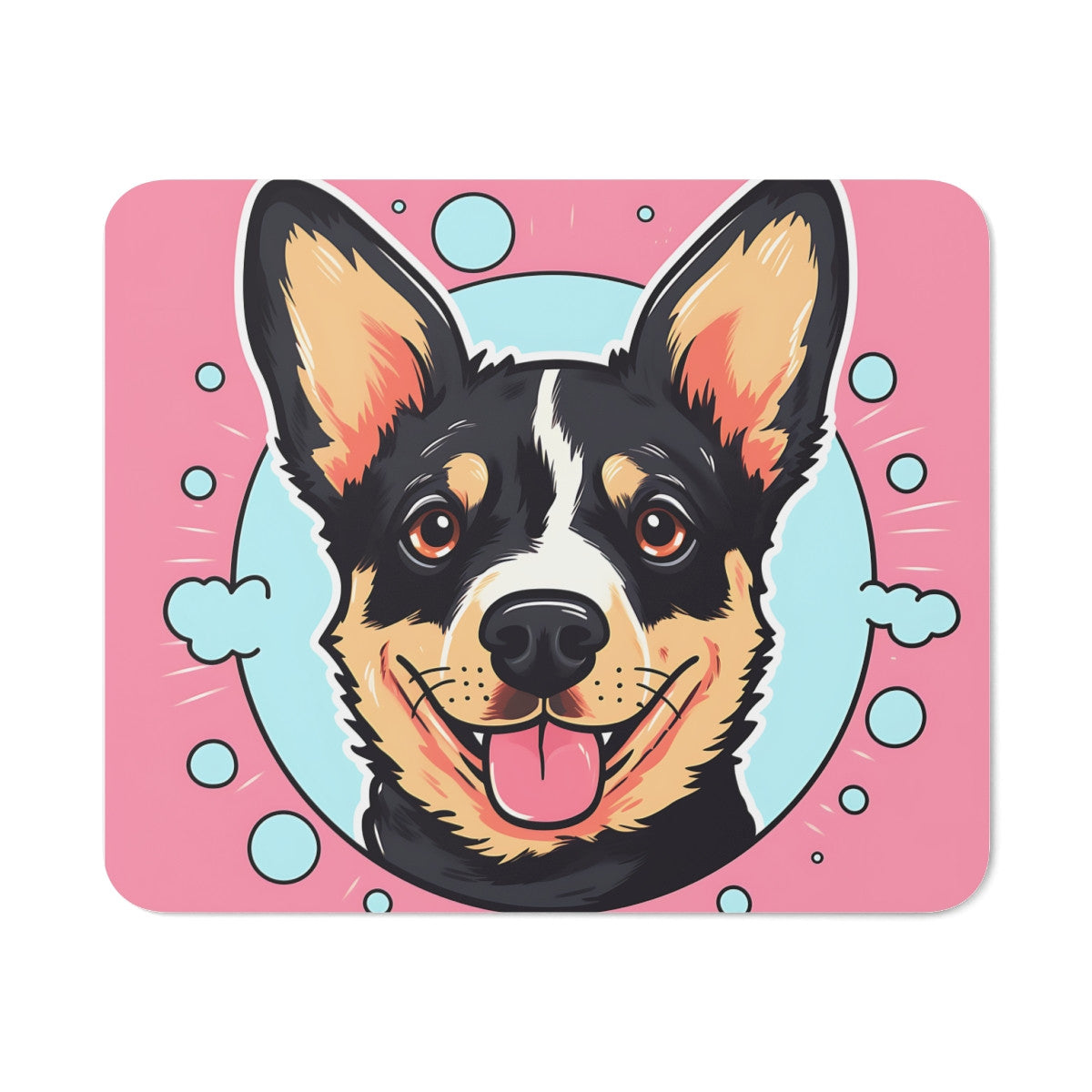 Tapis de Souris Chien Heureux  Illustration Cartoon de Corgi Noir & Beige Fond Rose et Bleu