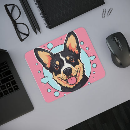 Tapis de Souris Chien Heureux  Illustration Cartoon de Corgi Noir & Beige Fond Rose et Bleu