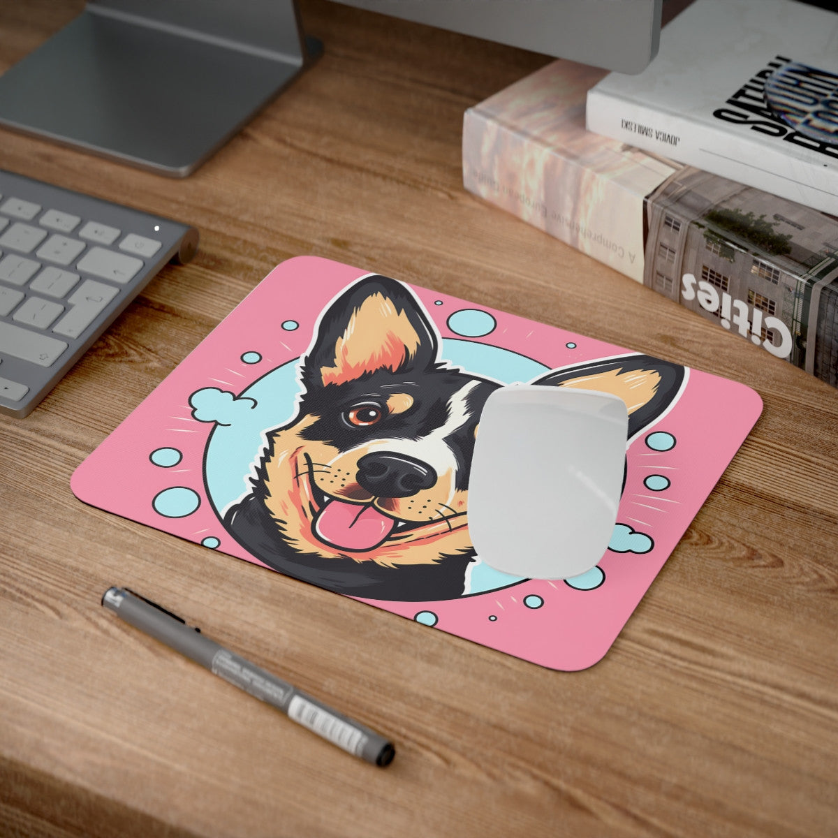 Tapis de Souris Chien Heureux  Illustration Cartoon de Corgi Noir & Beige Fond Rose et Bleu