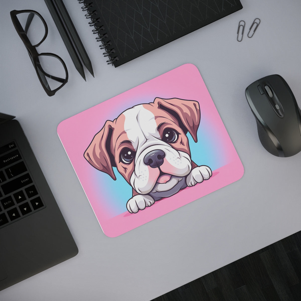 Tapis de Souris Chiot Mignon Illustration Cartoon de Bébé Chien Style Fond Rose et Bleu Pastel – Pour Bureau, Gaming ou Cadeau