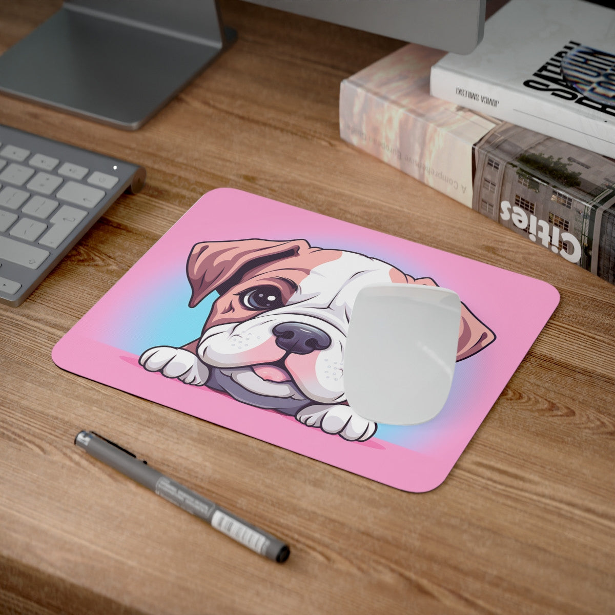 Tapis de Souris Chiot Mignon Illustration Cartoon de Bébé Chien Style Fond Rose et Bleu Pastel – Pour Bureau, Gaming ou Cadeau
