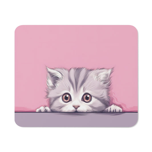 Tapis de Souris Chaton Mignon Bébé Chat Gris aux Yeux Doux sur Fond Rose Accessoire  pour Bureau, Gaming ou Cadeau