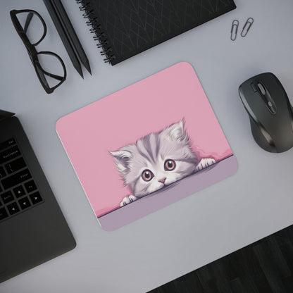 Tapis de Souris Chaton Mignon Bébé Chat Gris aux Yeux Doux sur Fond Rose Accessoire  pour Bureau, Gaming ou Cadeau