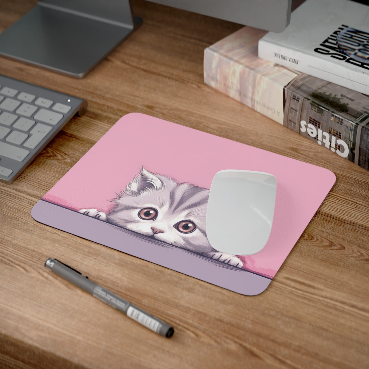 Tapis de Souris Chaton Mignon Bébé Chat Gris aux Yeux Doux sur Fond Rose Accessoire  pour Bureau, Gaming ou Cadeau