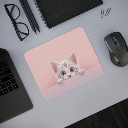 Tapis de Souris Chaton Mignon Yeux Ronds Bébé Chat Adorable sur Fond Rose Pastel