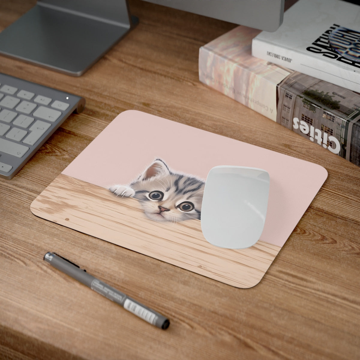 Tapis de Souris Chaton Curieux  Bébé Chat Adorable Espionnant par-dessus une Planche