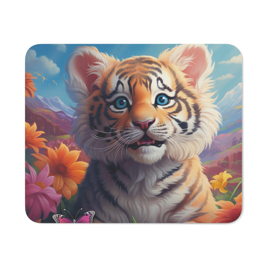 Tapis de Souris Tigre Mignon Bébé Tigre aux Yeux Bleus dans un Champ Fleuri